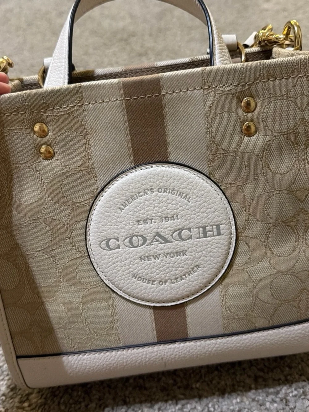 Coach Beige and Cream Signature Canvas Tote with Gold Accents